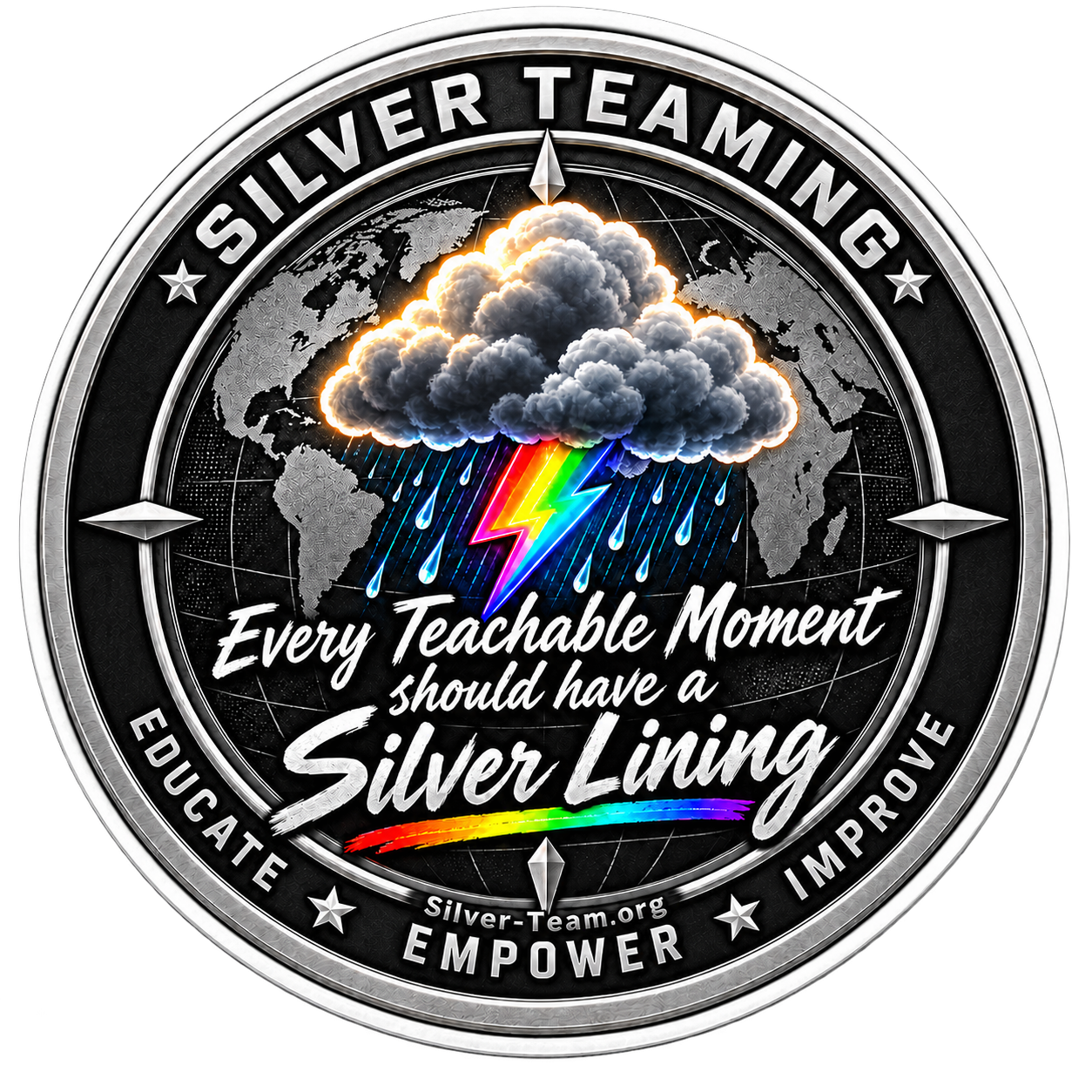 A silver-lined storm cloud with a rainbow lightning bolt representing Silver Teaming